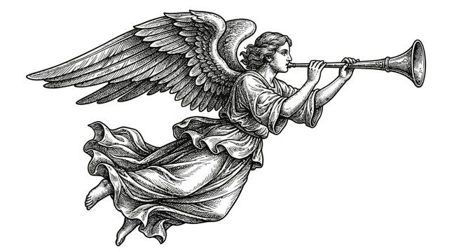 Vintage Engraving Style Vector Illustration of a Celestial Flying Angel Blowing a Golden Trumpet, Detailed Heraldic Messenger Spirit with Wings Isolated on White Background for Retro Design.