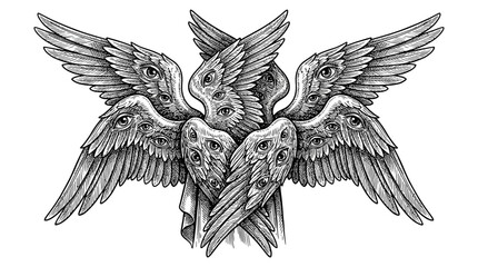 Obraz premium Seraphim Angelic Celestial Being with Multiple Divine Eyes and Majestic Feathery Wings in Detailed Vintage Woodcut Engraving Style, Vector Illustration Isolated on Minimalistic White Background