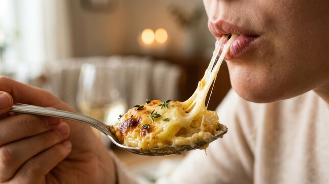 Woman tasting baked potato gratin from a spoon with stringy melted cheese stretching to her mouth.