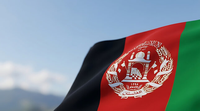 National Afghanistan flag as a powerful national symbol waving flag during independence day celebrations against a patriotic background of blue sky
