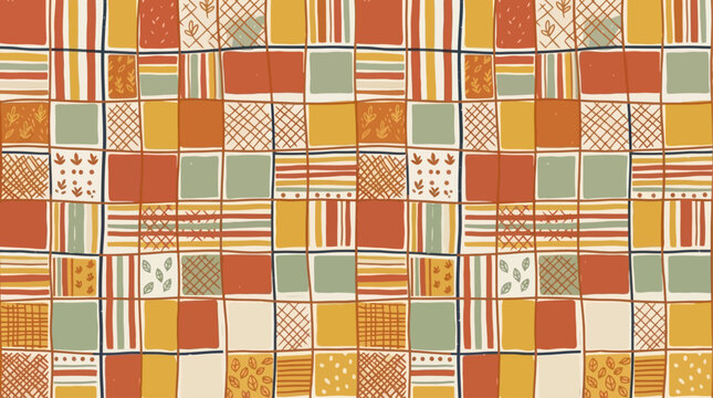 Vibrant autumn checkered seamless pattern featuring bold plaid checks and rustic stripes in a cozy fall palette of warm red orange and ochre for festive seasonal fabric background design.
