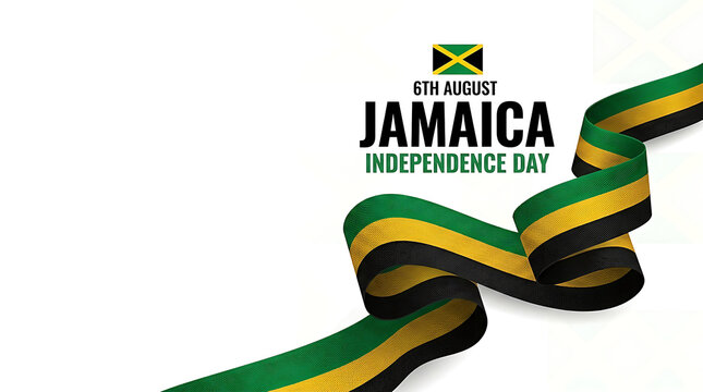 National day 6th August Jamaica Independence Day celebration on August 6 featuring a Jamaican flag wavy ribbon and typography on white background