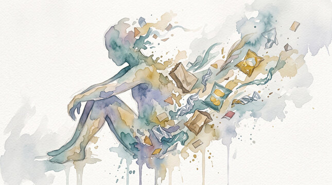 Watercolor illustration of a woman struggling with an eating disorder. Conceptual art showing fragmentation and binge eating. Mental health awareness of body image issues and inner turmoil.