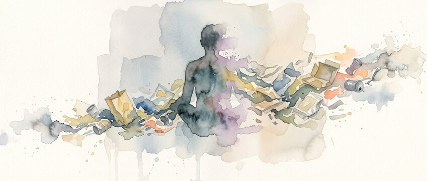 Silhouette of a woman sitting in meditation surrounded by scattered food wrappers and trash. Abstract concept of binge eating disorder and mental health struggle in watercolor style.