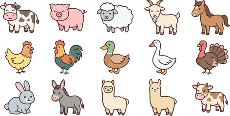 Naklejka premium Cute Farm Animals Vector Set Featuring Flat Cartoon Livestock Characters for Children Books, Kindergarten Learning Materials, School Stickers, and Countryside Graphic Designs