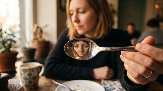 Woman looking at her distorted reflection in a spoon. Eating disorder concept highlighting distorted body perception, body dysmorphia, and mental health struggle in a cafe setting.