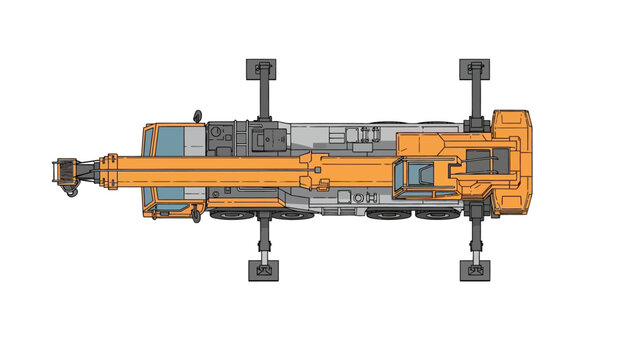 Top-down view illustration of an orange mobile truck crane with extended outriggers on white background
