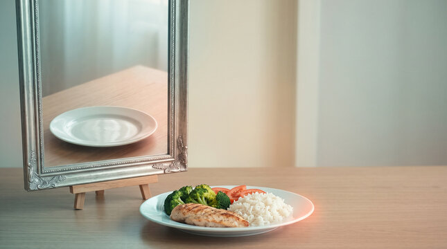 Plate with healthy food reflecting as an empty dish in a mirror. Conceptual art about distorted body image and distorted perception of reality, mental health and disordered eating.