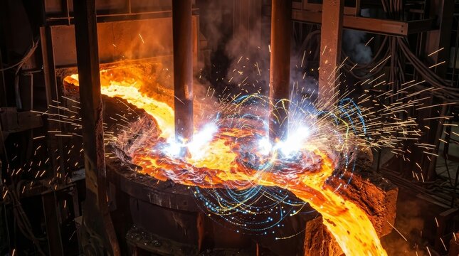 Molten Metal Pour: Intense sparks fly as superheated molten metal cascades from a furnace, a testament to the raw power and heat of industrial metal casting.