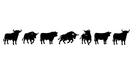 Fototapeta premium Bull silhouettes collection. Set of cattle icons for farm branding and livestock design.