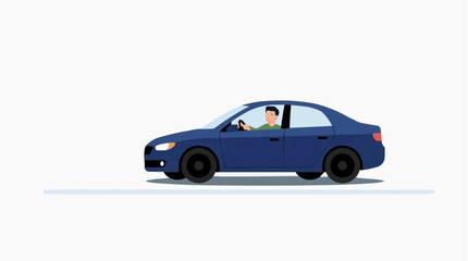 Fototapeta premium Blue Sedan Car Driven By A Man In A Green Shirt On A White Background Vector Illustration