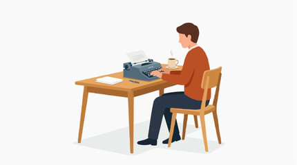 Fototapeta premium Man typing on vintage typewriter at wooden desk with coffee and papers, vector illustration