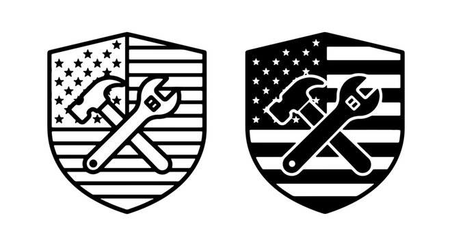 American Patriotism Shield Emblem, USA Flag Tools, Labor Icon Set, Construction Industry Symbol