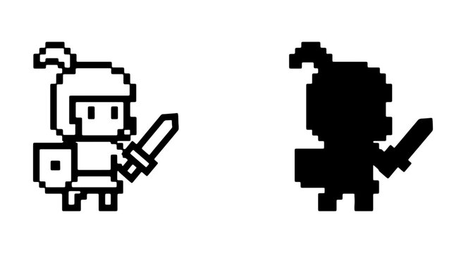 Pixel Art Warrior Icon, Retro Game Character Silhouette, 8-bit Knight Vector Graphic