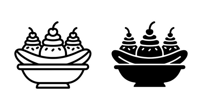 Banana Split Dessert Icons, Sweet Treat Vector Graphics, Ice Cream Sundae Collection, Food Illustration