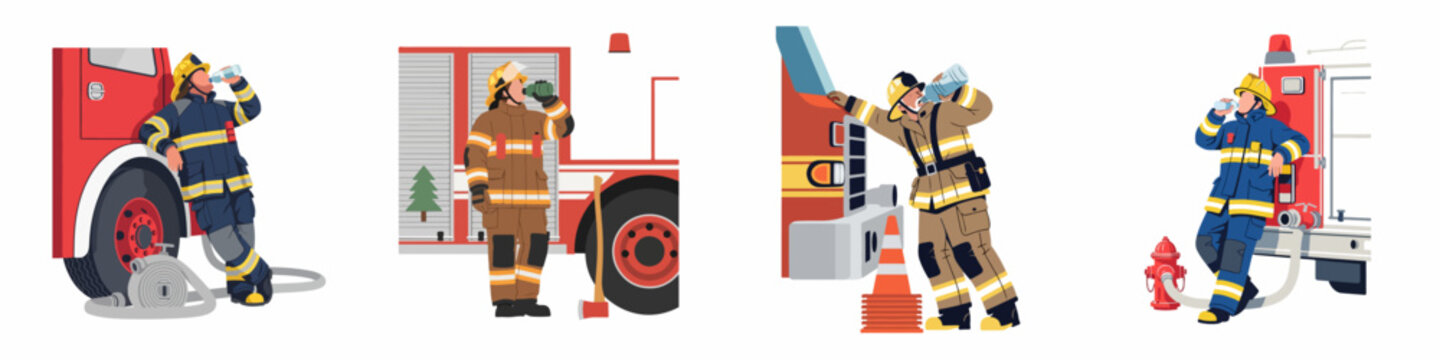 Set of four flat vector illustrations featuring firefighters in protective gear drinking water and resting next to fire engines on a white background.