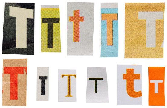 Set of orange newspaper and magazine cutout letters T for ransom note design