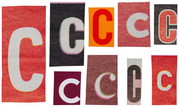 Set of red mixed font ransom letters C isolated for scrapbook and collage design