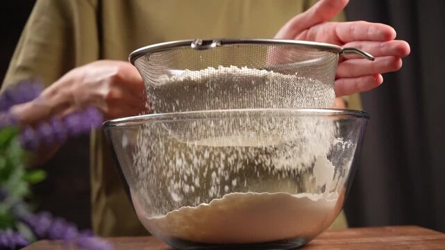 Close-up of flour being sifted through a metal sieve, slow motion.