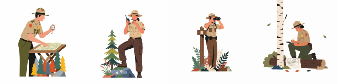 Set of park ranger characters in flat vector style performing various forest duties including navigation, communication, observation, and field research.