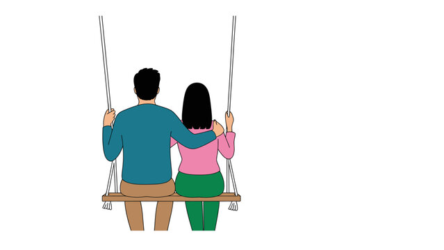 Young couple sitting together on a rope swing with the man putting his arm around the woman view from behind Vector, illustration