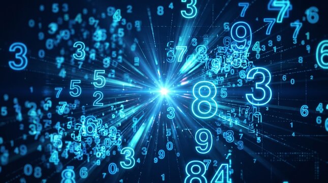 N&uacute;meros azuis brilhantes voando em espa&ccedil;o digital escuro com explos&atilde;o de luz conceito abstrato de big data