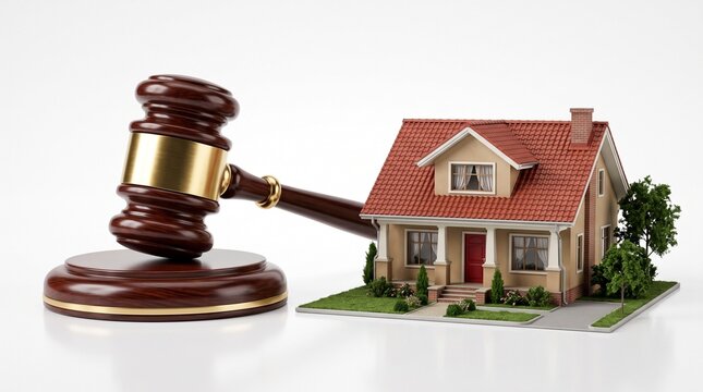 Wooden judge gavel and miniature house model on white background symbolizing real estate law property auction and legal dispute