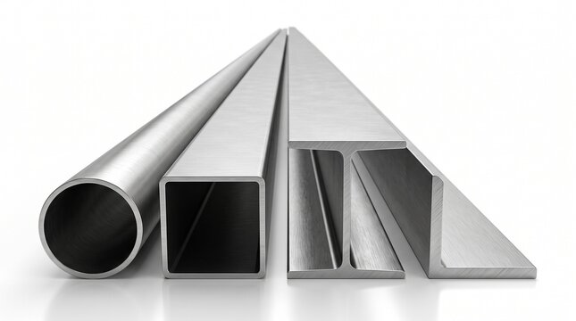 Stainless steel rolled metal profiles set round pipe square tube I beam and angle bar isolated on white background