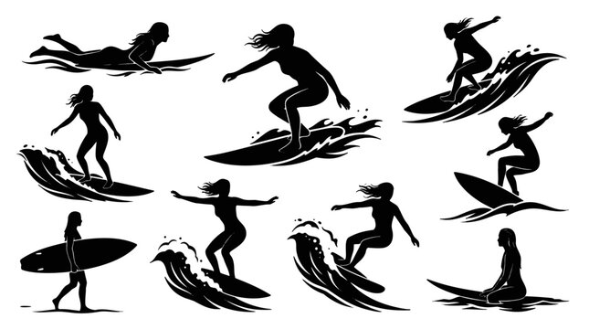 Female surfer silhouettes set. Women surfing on ocean waves, vector sport icons.