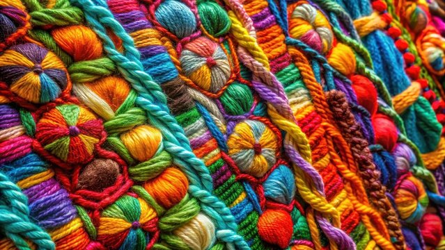 A vibrant tapestry of colorful fabric weave with interlaced threads creating intricate texture