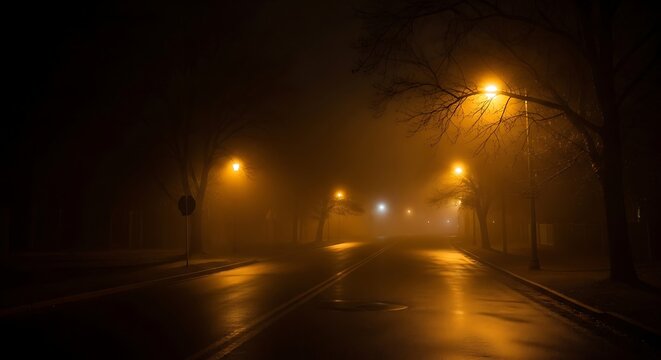 Empty foggy road at night with streetlights. Dark urban highway illuminated by distant yellow glow in misty weather.