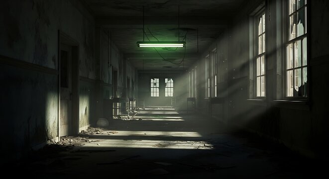 Abandoned prison hallway with eerie green lighting. Dark corridor interior featuring barred cells and shadowy atmosphere for crime or horror themes.