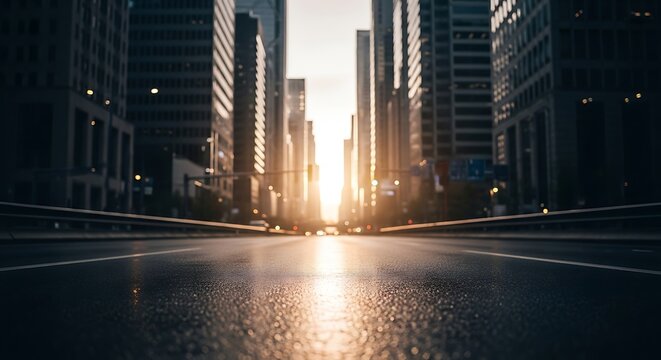 Empty urban street at sunrise with dramatic light rays. Modern cityscape with golden hour glow and long shadows for commercial use.