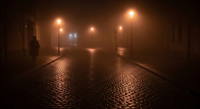 Misty urban street at night with glowing streetlights. Rain-soaked pavement reflecting warm city illumination in foggy atmosphere.