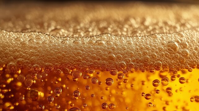 Macro Close-Up of Golden Beer with Foam and Carbonation Bubbles