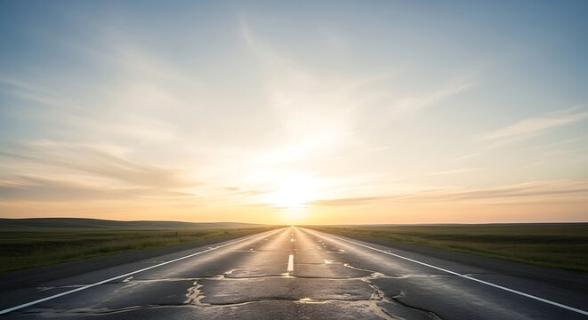 Empty wet road at sunrise with dramatic golden light. Long exposure highway leading to horizon with sun flare and misty atmosphere.