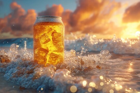 Chilled golden beer can in ocean surf at sunset