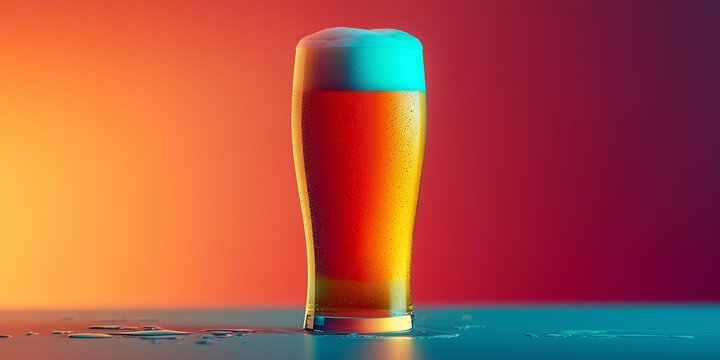 Tall Glass of Golden Beer with Foam in Colorful Neon Light