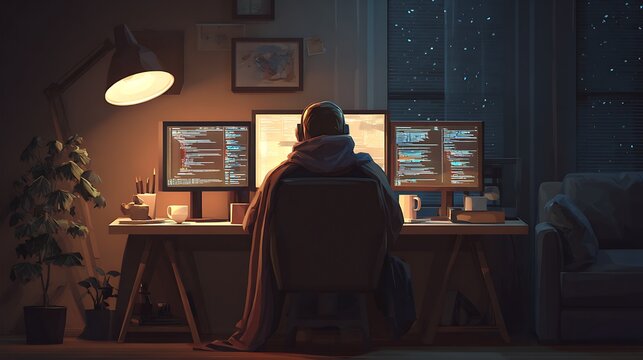 web developer freelancing at home, cozy night setup, lamp light, realistic