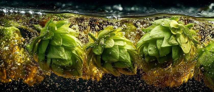 Green hop cones submerged in bubbling amber beer