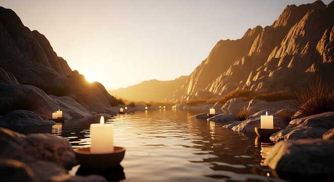 Boats anchored in serene mountain lake at golden hour. Scenic waterfront sunset with reflections and rocky shoreline backdrop.