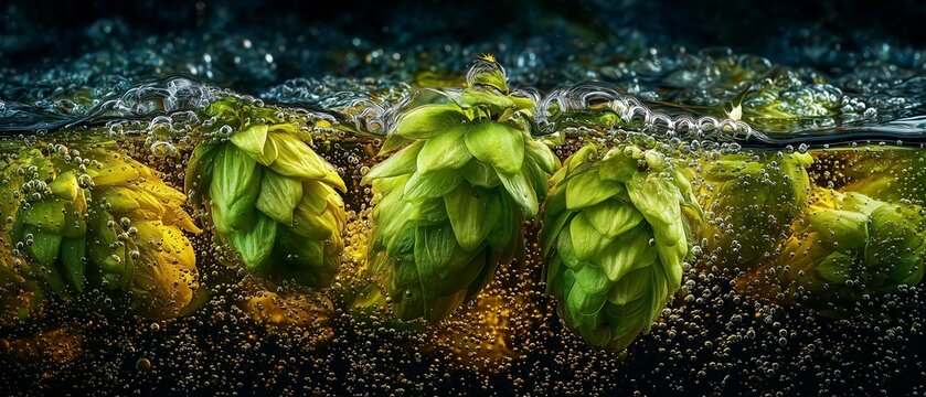 Fresh Green Hop Cones Submerged in Bubbling Water