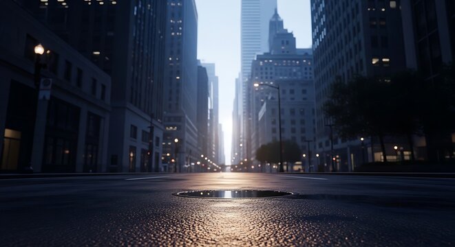 Urban night scene with dramatic light beams piercing city skyline. Dark street illuminated by powerful searchlights creating cinematic atmosphere.