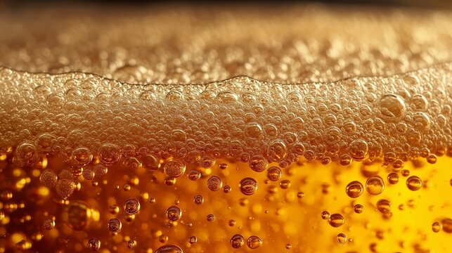 Golden Beer with Rising Bubbles and Foamy Head in Macro Close-Up