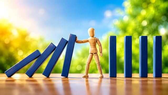 Wooden mannequin stopping a row of falling blue domino blocks on a desk. Concept of risk management and crisis intervention in finance.