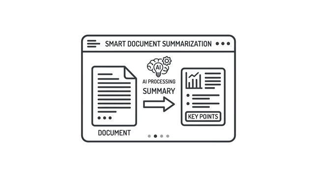 Smart document summarization concept illustrated with artificial intelligence processing text into key points and data charts.