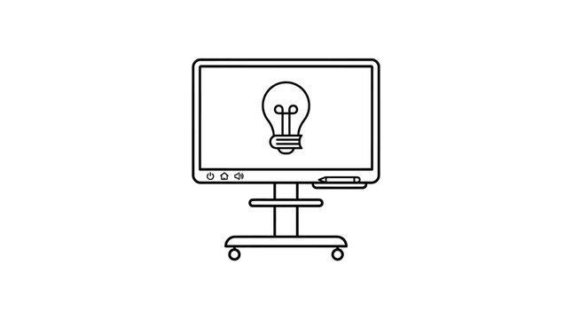 A simple black and white line art illustration of a smart whiteboard displaying a lightbulb icon.