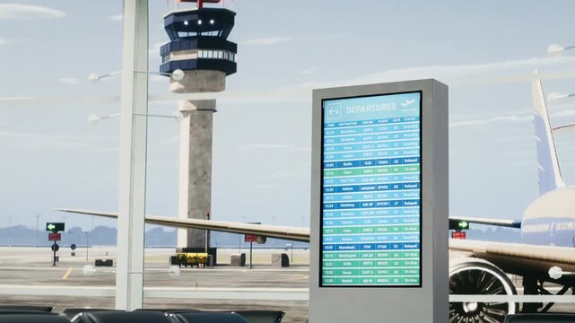 A spacious airport lounge overlooks the runway and flight information board, with empty chairs beside departure times and on-time flight details.
