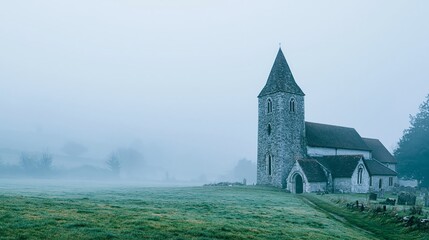 Fototapeta premium Stone Church Exterior across Quiet Green