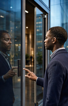 Business professional recognized by an AI facial recognition system before activating the access control reader, representing biometric identity, automated surveillance and digital security